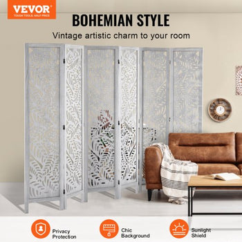Wood Room Divider, 6 Panel Wood Folding Privacy Screen, 66.9 Inches Tall Indoor Carved Partition Divider, Portable Decoration Screen, for Room Separation, Home, Office, Restaurant & Bedroom