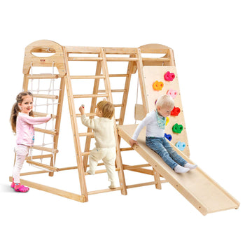 Indoor Jungle Gym, 7-in-1 Toddler Indoor Playground, Wooden Toddler Climbing Toys Indoor with Wood & Rope Ladder, Net Ladder, Swing, Monkey Bar, Slide, Climbing Wall, 47.2 x 58 x 56in