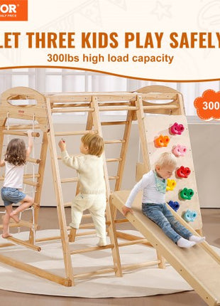 Indoor Jungle Gym, 7-in-1 Toddler Indoor Playground, Wooden Toddler Climbing Toys Indoor with Wood & Rope Ladder, Net Ladder, Swing, Monkey Bar, Slide, Climbing Wall, 43 x 47.2 x 47in