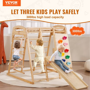 Indoor Jungle Gym, 7-in-1 Toddler Indoor Playground, Wooden Toddler Climbing Toys Indoor with Wood & Rope Ladder, Net Ladder, Swing, Monkey Bar, Slide, Climbing Wall, 43 x 47.2 x 47in