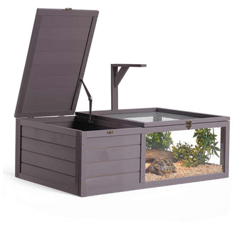 Tortoise Habitat 2-Room Wooden Tortoise House with Pull-Out Tray, for Small Animals Indoor Outdoor, Lamp Stand, Large Turtle Enclosure Reptile Cage with Openable Roof, Acrylic Viewing Window