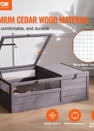 Tortoise Habitat, Wooden Tortoise House Indoor & Outdoor, Tortoise Enclosure with Adjustable Lamp Holder, 2-Room Reptile Enclosure Small Animal Cage for Gecko, Lizard, Snake 38x24x13 inch
