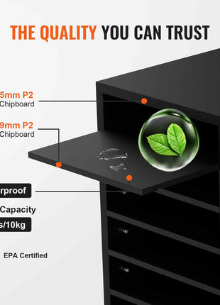 Black waterproof storage cabinet made from sturdy grade cardboard, featuring a load capacity of 22lbs/10kg.