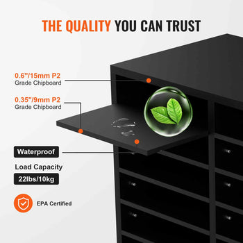 Black waterproof storage cabinet made from sturdy grade cardboard, featuring a load capacity of 22lbs/10kg.