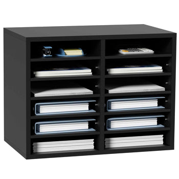 Black wood storage organizer with multiple shelves for files and office supplies, modern design.