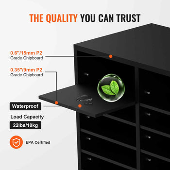 Black waterproof storage cabinet with 15mm and 9mm P2 grade chipboard, 22lbs load capacity, EPA certified.