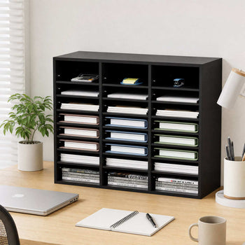 Black modern desktop organizer with multiple compartments for files and papers, perfect for office or study use.