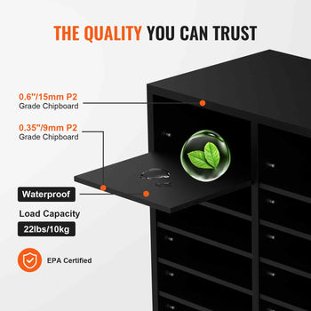 Black waterproof 15mm P2 grade chipboard storage shelf with 22lb capacity, featuring a sleek, modern design.