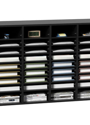 Black wooden letter organizer with multiple compartments for papers and documents, featuring a modern design.