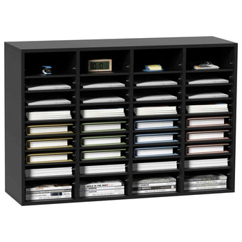 Black wooden letter organizer with multiple compartments for papers and documents, featuring a modern design.