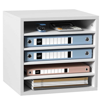 Modern white storage cube with three drawers, featuring blue, pink, and white file organizers, perfect for office organization.