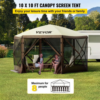 Gazebo Screen Tent, 10 x 10 ft, 6 Sided Pop-up Camping Canopy Shelter Tent with Mesh Windows, Portable Carry Bag, Ground Stakes, Large Shade Tents for Outdoor Camping, Lawn and Backyard