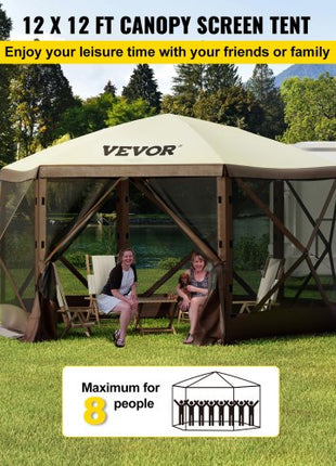 Gazebo Screen Tent, 12 x 12 ft, 6 Sided Pop-up Camping Canopy Shelter Tent with Mesh Windows, Portable Carry Bag, Ground Stakes, Large Shade Tents for Outdoor Camping, Lawn and Backyard