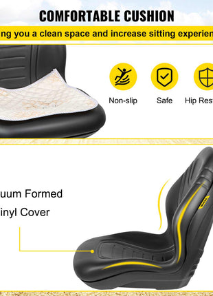 Universal Lawn Tractor Seat Replacement, Compact High Back Mower Seat, Black Vinyl Forklift Seat, Central Drain Hole Skid Steer Seat with Mounting Bolt Patterns of 8\" x 11.5\" & 11.25\" x 11.5\
