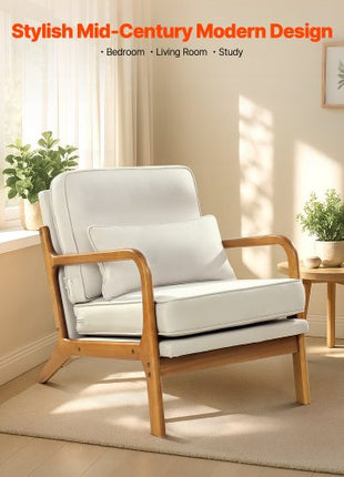 Accent Chair, Mid Century Modern Armchair with Solid Wood Frame and Non-Slip Legs, Upholstered Leisure Chair with Linen Fabric and 5.7 in Thickened Cushion, for Living Room, Bedroom, Office