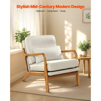 Accent Chair, Mid Century Modern Armchair with Solid Wood Frame and Non-Slip Legs, Upholstered Leisure Chair with Linen Fabric and 5.7 in Thickened Cushion, for Living Room, Bedroom, Office