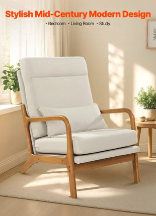 Accent Chair, High Back Mid Century Modern Armchair with Solid Wood Frame and Non-Slip Legs, Upholstered Leisure Chair with Linen Fabric and 5.3 in Thickened Cushion, for Living Room, Bedroom