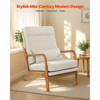 Accent Chair, High Back Mid Century Modern Armchair with Solid Wood Frame and Non-Slip Legs, Upholstered Leisure Chair with Linen Fabric and 5.3 in Thickened Cushion, for Living Room, Bedroom