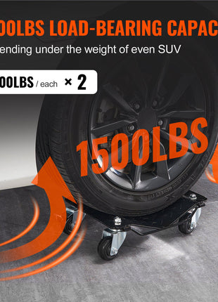 Black steel car dolly with 3000lbs capacity, featuring durable wheels, designed for easy vehicle movement.