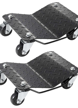 Set of 2 black heavy-duty rolling dollies with a diamond plate surface and swivel wheels for easy maneuverability.