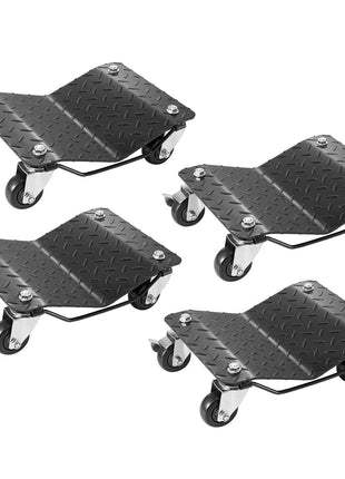 Set of 4 black diamond plate furniture dollies on wheels, durable metal construction for easy moving.