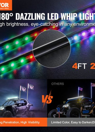 2 PCS 4 FT Whip Light, APP & RF Remote Control Led Whip Light, Waterproof RGB Chasing Lighted Whips with 4 Flags, for UTVs, ATVs, Motorcycles, RZR, Can-am, Trucks, Off-road, Go-karts