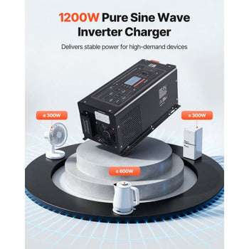 Pure Sine Wave Inverter Charger, 1200W, DC 12V to AC 120V Power Inverter with LCD Display, Remote Control, Low Frequency, for RV Camper Home, Compatible with 12V LiFePO4 Lithium Batteries