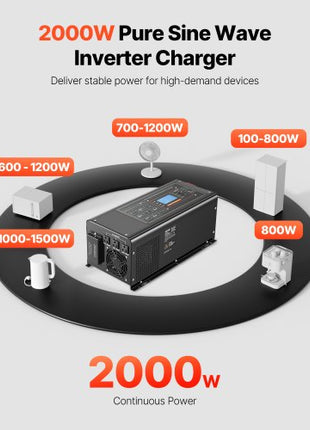 Pure Sine Wave Inverter Charger, 2000 Watt, DC 12V to AC 120V Power Inverter with LCD Display, Remote Control, Solar Inverter for Off-Grid Solar RV Boat Home, Compatible with Various Batteries