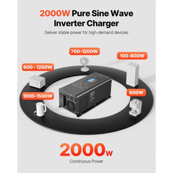 Pure Sine Wave Inverter Charger, 2000 Watt, DC 12V to AC 120V Power Inverter with LCD Display, Remote Control, Solar Inverter for Off-Grid Solar RV Boat Home, Compatible with Various Batteries