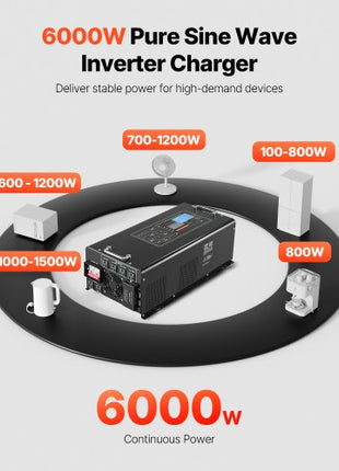Pure Sine Wave Inverter Charger, 6000 Watt, DC 48V to AC 120V Power Inverter with LCD Display, Remote Control, Solar Inverter for Off-Grid Solar RV Boat Home, Compatible with Various Batteries