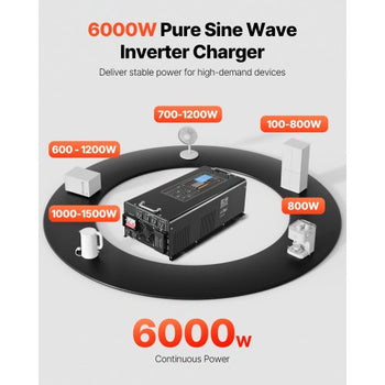 Pure Sine Wave Inverter Charger, 6000 Watt, DC 48V to AC 120V Power Inverter with LCD Display, Remote Control, Solar Inverter for Off-Grid Solar RV Boat Home, Compatible with Various Batteries