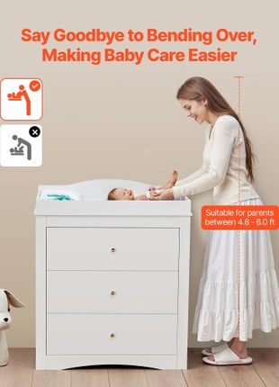 Changing Table Dresser, Baby Diaper Change Station with 3 Drawers, Multi-Functional Modern Changing Table Dresser with Storage Organizer Nursery for Children's Room, White