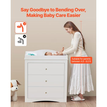 Changing Table Dresser, Baby Diaper Change Station with 3 Drawers, Multi-Functional Modern Changing Table Dresser with Storage Organizer Nursery for Children's Room, White