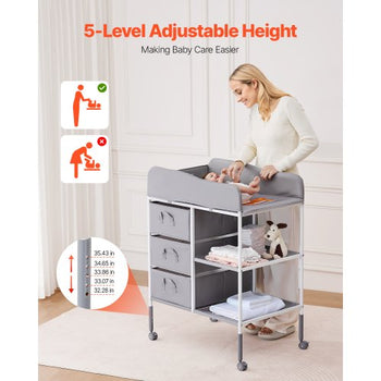 Baby Changing Table, Portable Diaper Change Station with 3 Fabric Drawers and Lockable Wheels, Adjustable Height Multi-Functional Changing Station Table with Storage Organizer Nursery, Gray