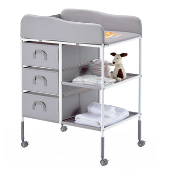 Baby Changing Table, Portable Diaper Change Station with 3 Fabric Drawers and Lockable Wheels, Adjustable Height Multi-Functional Changing Station Table with Storage Organizer Nursery, Gray