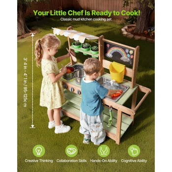 Mud Kitchen, Outdoor Mud Kitchen for Kids, Wood Outdoor Play Kitchens with Spoons, Sink, Sunshade Canopy, Swivel Wheels, Cookware Pots and Accessories, Wooden Play Kitchens for Home, Lawn