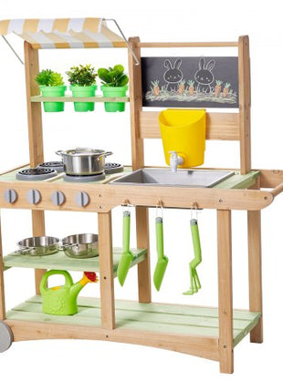 Mud Kitchen, Outdoor Mud Kitchen for Kids, Wood Outdoor Play Kitchens with Spoons, Sink, Sunshade Canopy, Swivel Wheels, Cookware Pots and Accessories, Wooden Play Kitchens for Home, Lawn