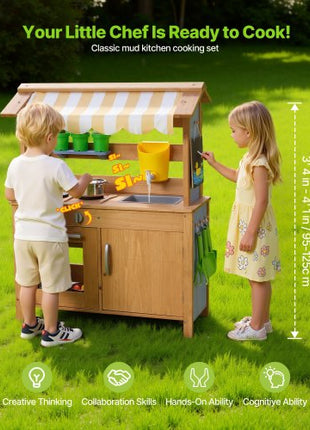 Mud Kitchen, Outdoor Mud Kitchen for Kids, Wood Outdoor Play Kitchens with Spoons, Sink, Tank, Sunshade Canopy, Shovels, Cookware Pots and Accessories, Wooden Play Kitchens for Home, Lawn