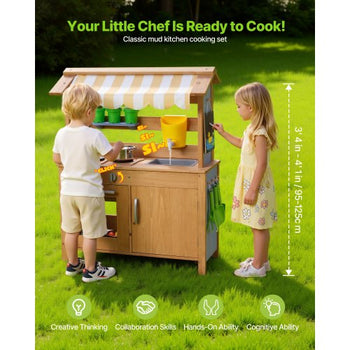 Mud Kitchen, Outdoor Mud Kitchen for Kids, Wood Outdoor Play Kitchens with Spoons, Sink, Tank, Sunshade Canopy, Shovels, Cookware Pots and Accessories, Wooden Play Kitchens for Home, Lawn