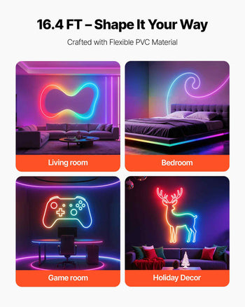 LED Neon Rope Light, 16.4 ft, Flexible RGB-IC LED Strip Light, Control with App/Remote, Works with Alexa & Google Assistant, Music Syncing, Custom DIY Neon Flex Lights, for Bedroom Gaming Indoor