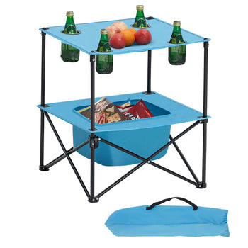 Folding Camping Table, Portable Outdoor Lightweight Picnic Table, 600D Oxford Fabric Waterproof Canvas Travel Beach Tables, with 4 Cup Holders, Carry Bag, for Tailgating Camping Picnic, Blue