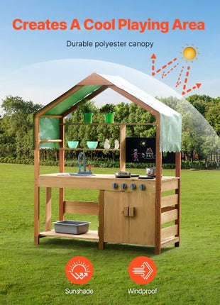 Mud Kitchen for Kids, Wooden Toy Play Kitchen Set with Accessories, Outdoor Toddler Grocery Store Playset, Pretend Play Kitchen with Stoves, Planter Boxes, Sink, Faucet, Blackboard, Cookware Pot