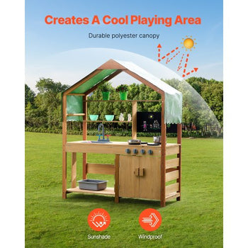 Mud Kitchen for Kids, Wooden Toy Play Kitchen Set with Accessories, Outdoor Toddler Grocery Store Playset, Pretend Play Kitchen with Stoves, Planter Boxes, Sink, Faucet, Blackboard, Cookware Pot