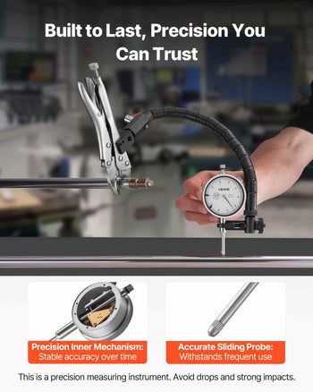 Dial Test Indicator with 360-Degree Flexible Arm and 360-Degree Locking Pliers, 0.001 inch Accuracy, 0-1 inch Range, Professional for Machine Set-Up, Narrow Area Measurement, Storage Case