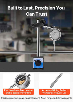 Dial Test Indicator with Dual Rod Stand and Storage Case, 0.001 inch Accuracy, 0-1 inch Range, Fine Adjustable Long Arm, Non-Magnetic Centering Rods for Machine Set-Up, Narrow Area Measurement