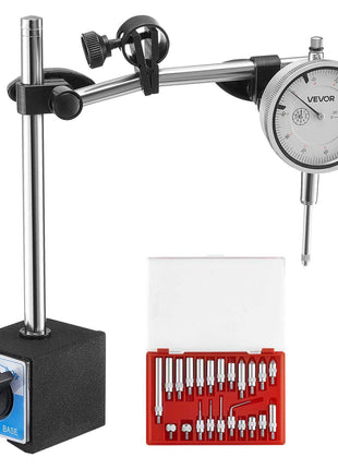 Dial Test Indicator with Dual Rod Stand and Storage Case, 0.001 inch Accuracy, 0-1 inch Range, Fine Adjustable Long Arm, Non-Magnetic Centering Rods for Machine Set-Up, Narrow Area Measurement