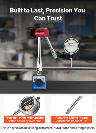 Dial Test Indicator with Magnetic Flexible Base Stand, 0.001 inch Accuracy, 0-1 inch Range, Fine Adjustable Long Arm, Professional for Machine Set-Up, Narrow Area Measurement, Easy to Read