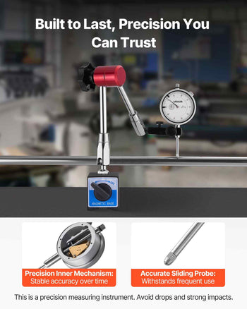 Dial Test Indicator with Magnetic Flexible Base Stand, 0.001 inch Accuracy, 0-1 inch Range, Fine Adjustable Long Arm, Professional for Machine Set-Up, Narrow Area Measurement, Easy to Read