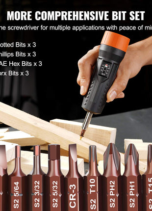 Multi-bit screwdriver set with orange accents, includes slotted, Phillips, SAE hex, and Torx bits on wooden background.