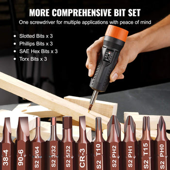 Multi-bit screwdriver set with orange accents, includes slotted, Phillips, SAE hex, and Torx bits on wooden background.